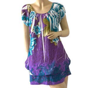 Women's Intense Multicolored Floral Short Sleeves Pullover Top Blouse Size 1XL